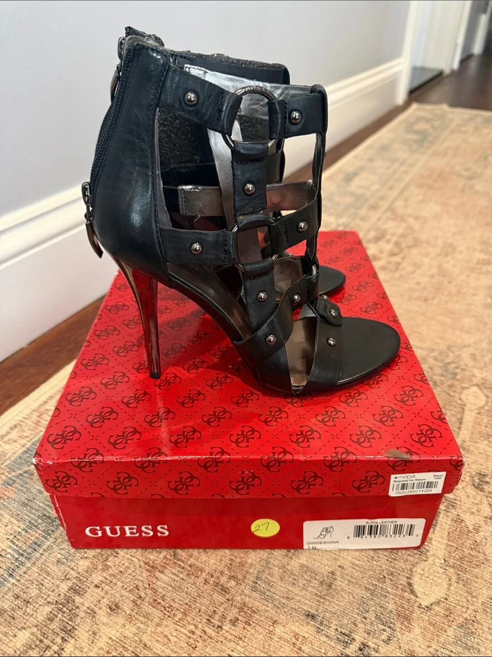 GUESS Black Strappy Studded High-Heel Sandal Booties